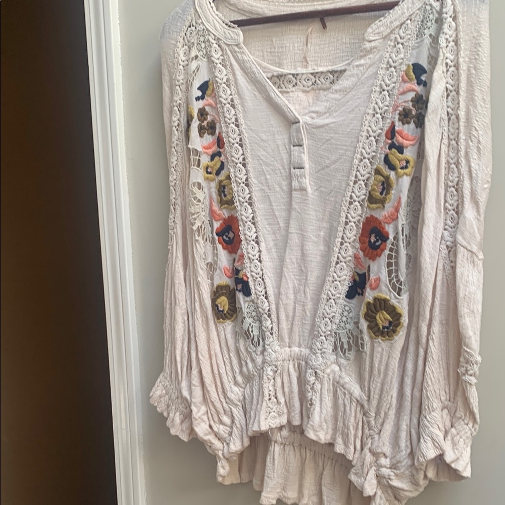 Free People Cream Floral Embroidered Blouse